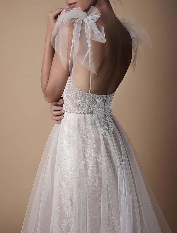 Luolandi Beach Boho Wedding Dresses A-Line Camisole V Neck Sleeveless Sweep / Brush Train Lace Bridal Gowns With Slit