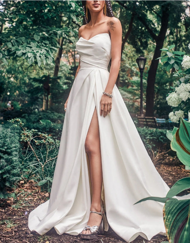 Luolandi Satin Strapless Ball-Gown Wedding Dresses Off Shoulder Floor Length With Slit Simple
