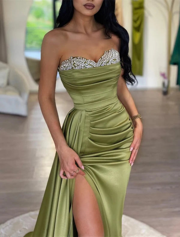 Luolandi Mermaid Party Dress Evening Gown Sparkle & Shine Dress Formal Wedding Court Train Sleeveless Strapless Satin with Rhinestone Slit