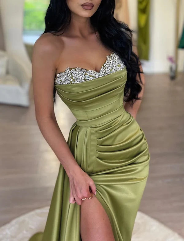 Luolandi Mermaid Party Dress Evening Gown Sparkle & Shine Dress Formal Wedding Court Train Sleeveless Strapless Satin with Rhinestone Slit