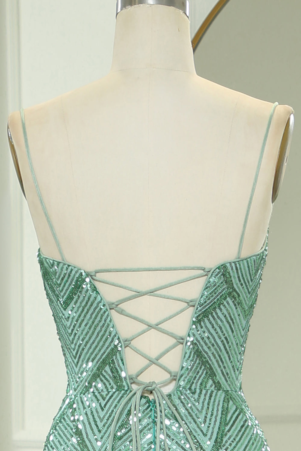 Luolandi Sparkly Green Mermaid Spaghetti Straps Long Prom Dress With Slit Evening Dress