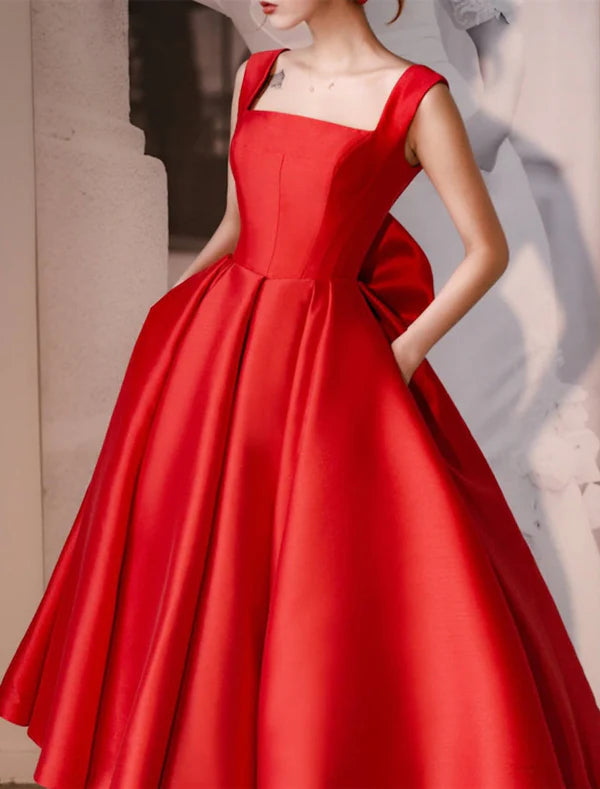 Luolandi Simple Wedding Dresses Wedding Dresses A-Line Off Shoulder Cap Sleeve Tea Length Satin Bridal Gowns With Pleats And Bow