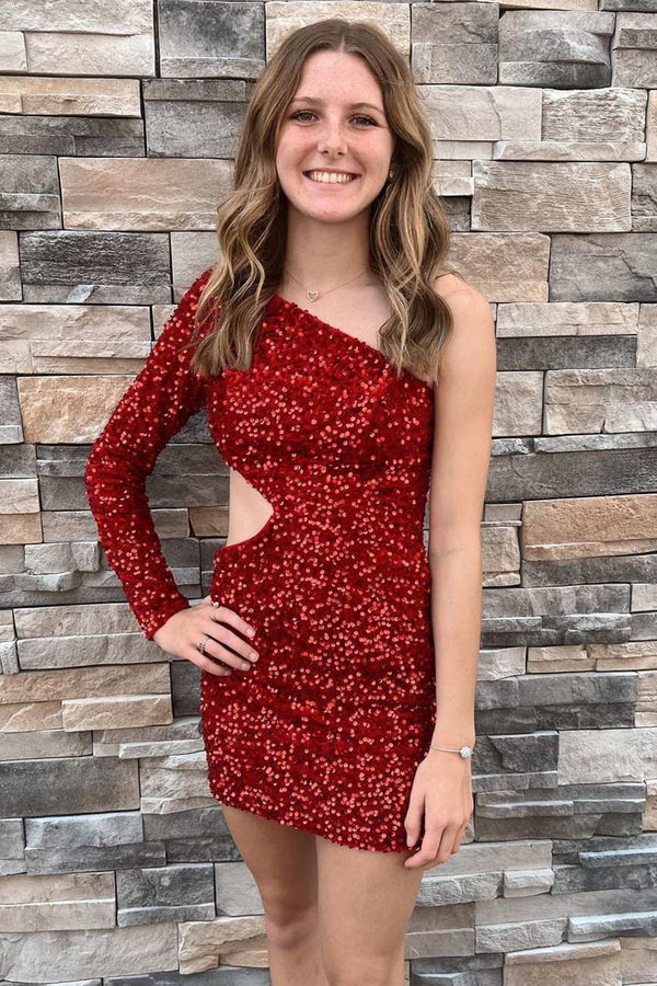 Luolandi Purple Sequin One-Sleeve Cutout Short Homecoming Dress Sparkly Party Dress