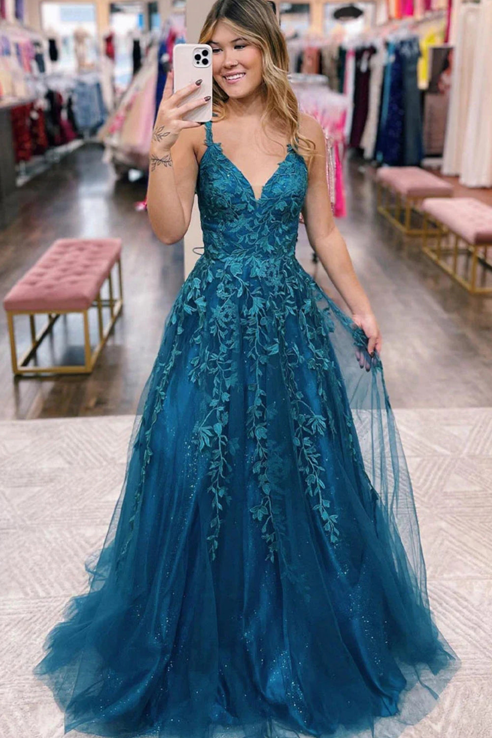 Luolandi Glitter Blue Lace A-Line Tulle Long Prom Dress Floor Length with Appliques