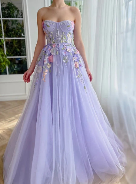 Luolandi A-Line Evening Gown Floral Dress Wedding Court Train Sleeveless Strapless Tulle with Appliques Flowers Prom Dress