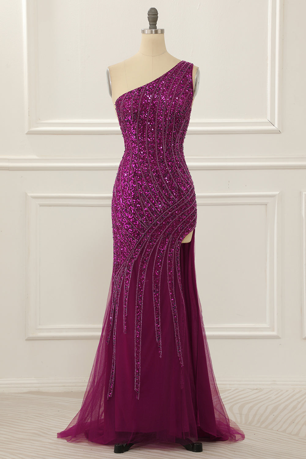 Luolandi One Shoulder Purple Beaded Prom Dress With Slit Sparkly Evening Dress