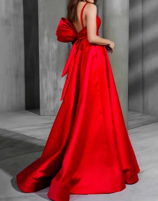 Luolandi A-Line Evening Gown Christmas Dress Sleeveless V Neck Satin with Bow(s) Sexy Evening Dress