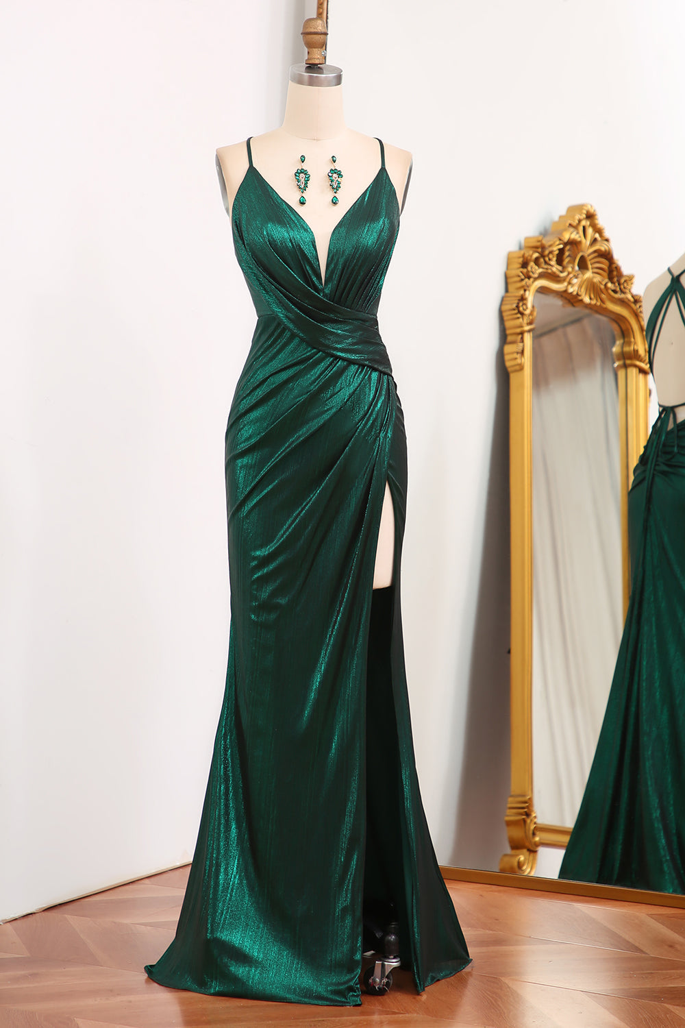 Luolandi Mermaid Spaghetti Straps Long Dark Green Prom Dress Sexy Evening Dress With Slit