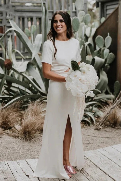 Luolandi Sheath Engaged Noivas Wedding Dresses With Slit Short Sleeve Floor Length Simple