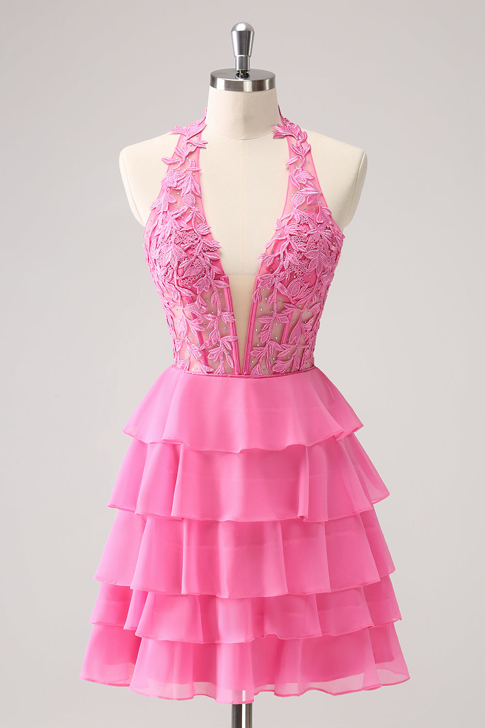 Luolandi Cute Hot Pink A Line Strapless Tiered Corset Ruffle Homecoming Dress with Beading Sexy Party Dress