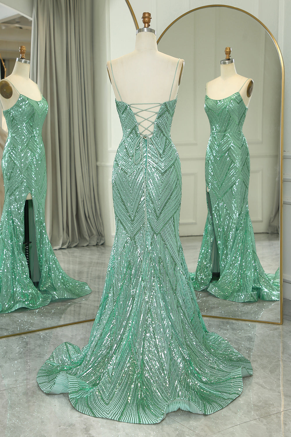 Luolandi Sparkly Green Mermaid Spaghetti Straps Long Prom Dress With Slit Evening Dress
