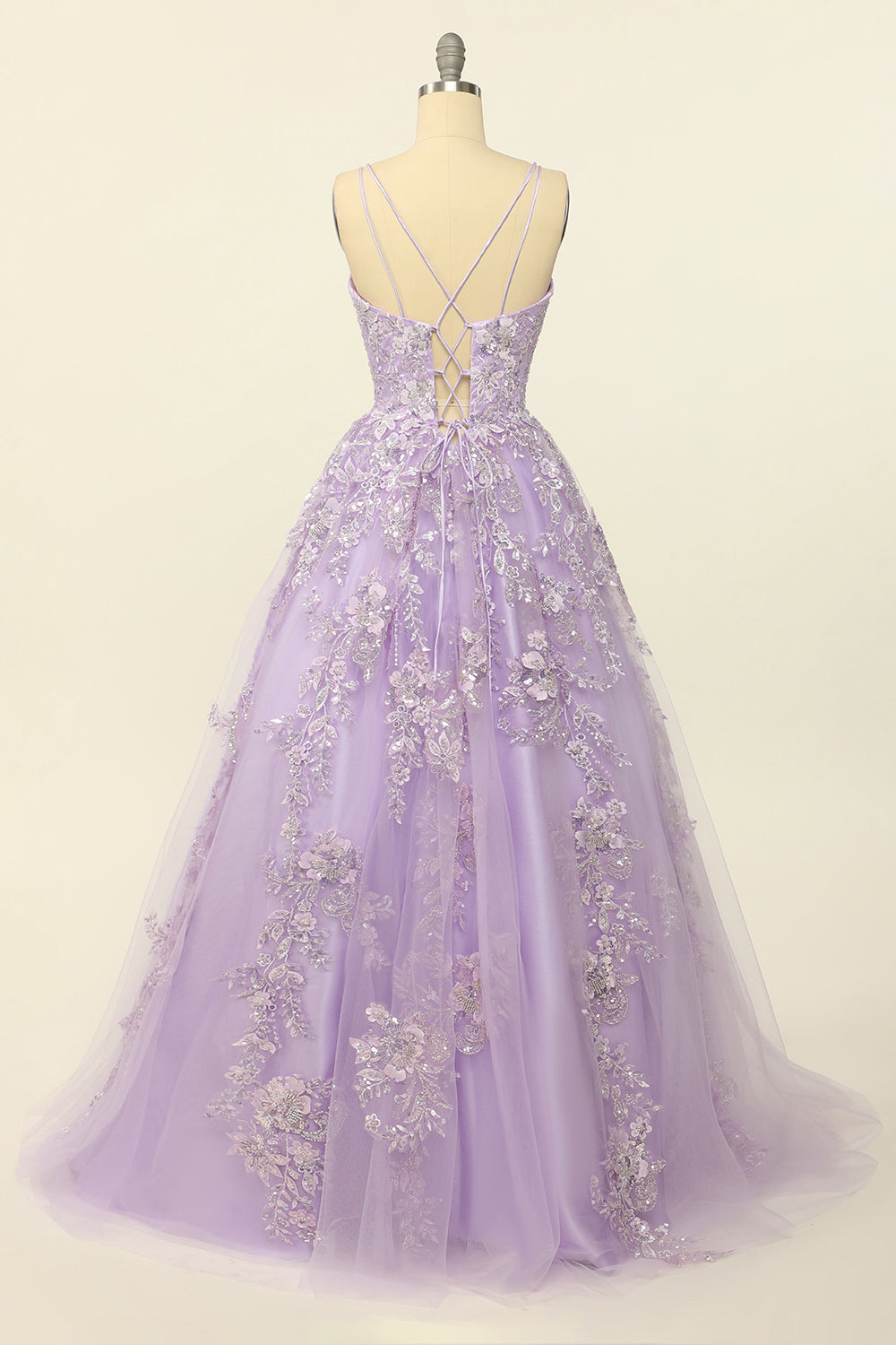 Luolandi Purple Spaghetti Straps Prom Dress With Appliques V-neck Floor Length Beautiful