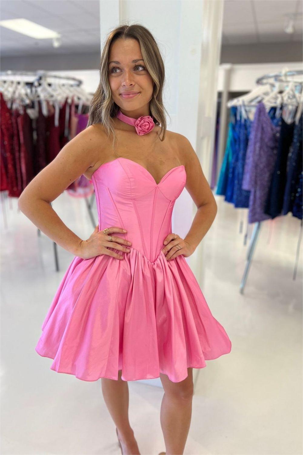 Luolandi A Line Pink Corset Strapless Short Homecoming Dress Off Shoulder Party Dress