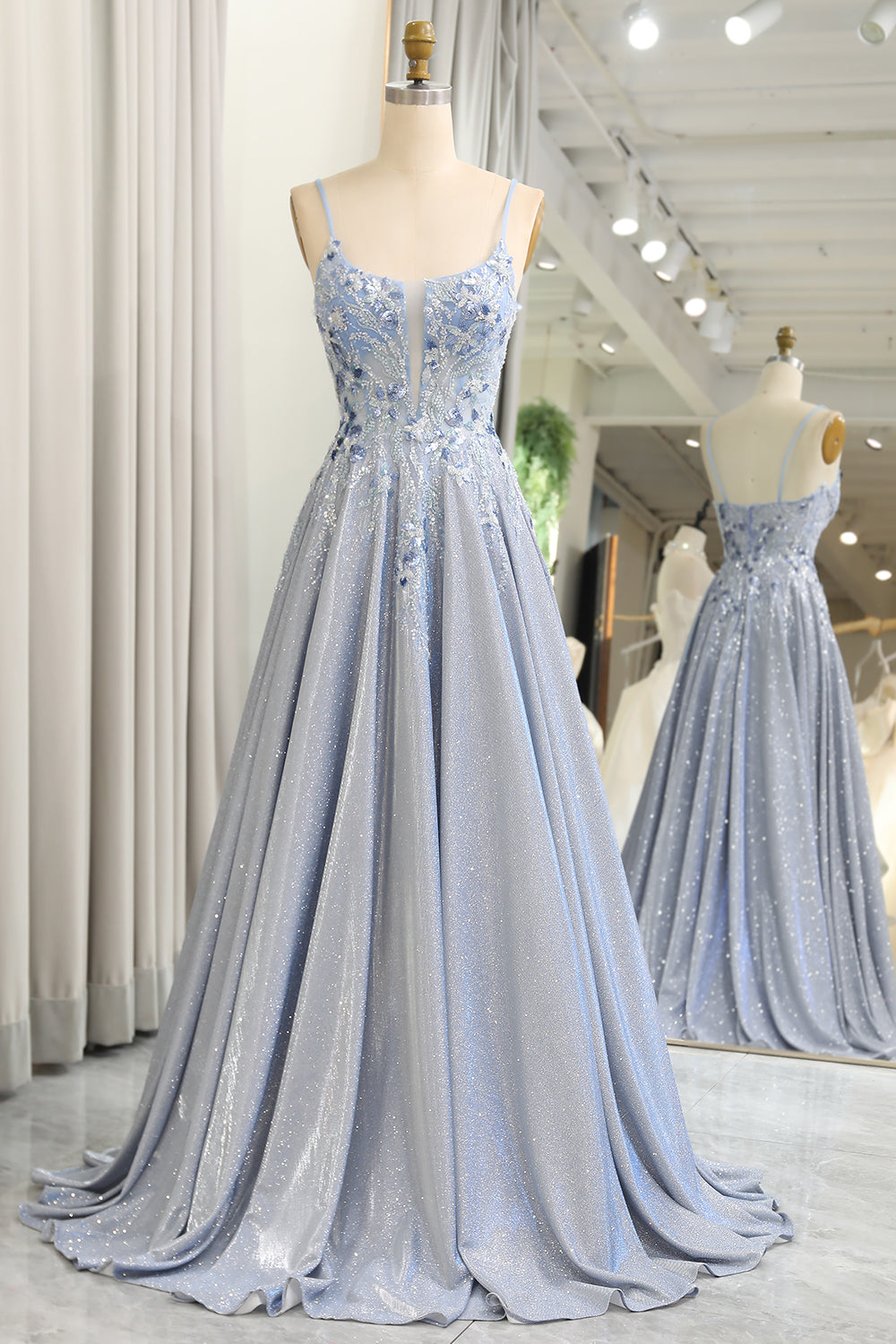 Luolandi Glitter Grey Blue A-Line Spaghetti Straps Long Prom Dress With Appliques Sparkly