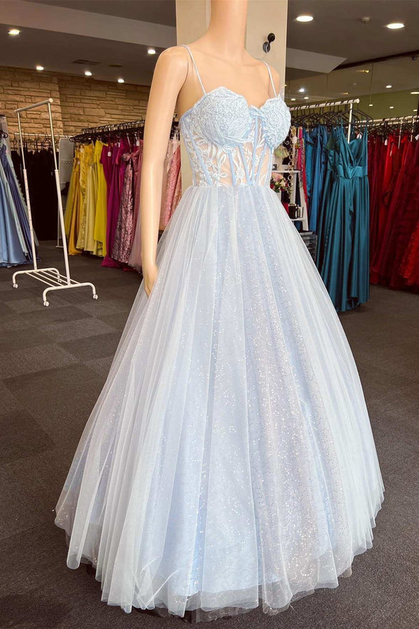 Luolandi Light Blue Floral Lace Sweetheart A-Line Prom Dress with Appliques Sparkly