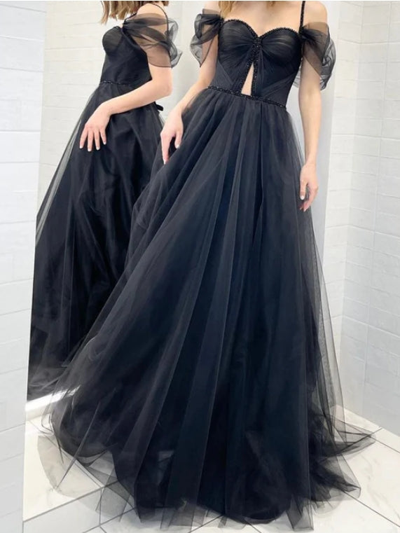 Luolandi Black Tulle Sweetheart Floor Length Prom Dress Off Shoulder Evening Dress Sexy