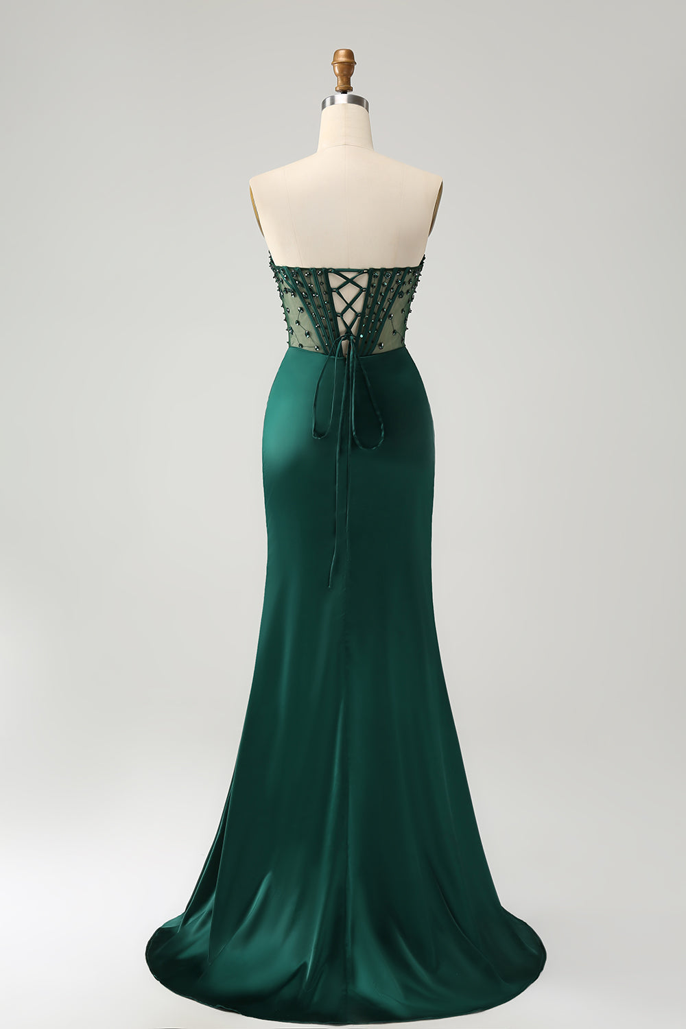 Luolandi Dark Green Mermaid Beaded Corset Strapless Long Prom Dress With Slit Sexy Evening Dress
