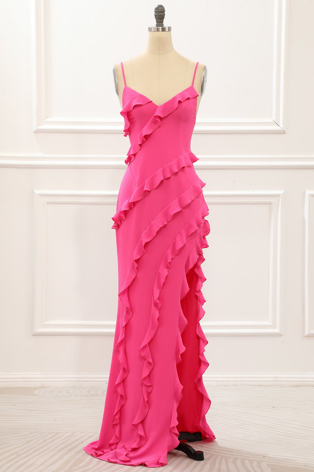 Luolandi Hot Pink Satin Ruffles Prom Dress With Slit Sexy Evening Dress Party Dress