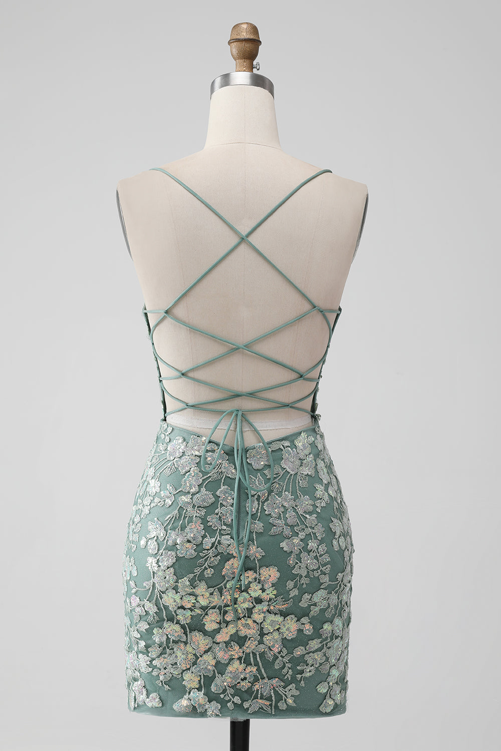 Luolandi Grey Green Bodycon Appliqued Lace-Up Back Short Homecoming Dress With Sequin Beautiful