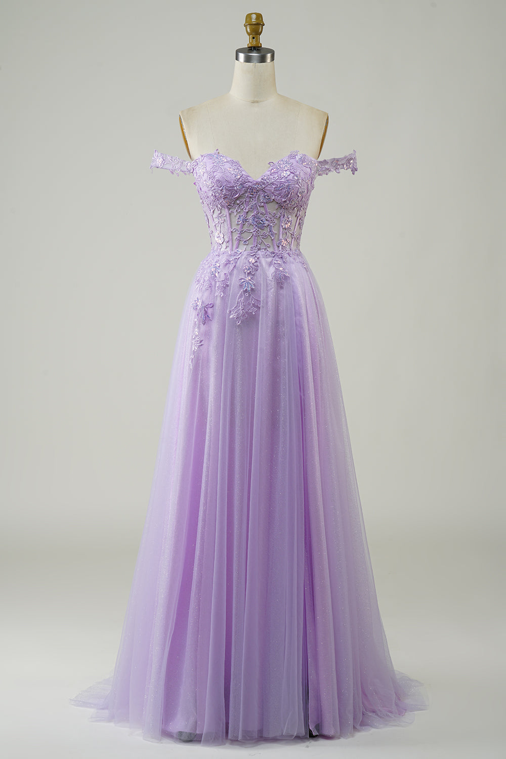 Luolandi Corset A-Line Long Tulle Prom Dress With Lace Off Shoulder Lilac with Appliques