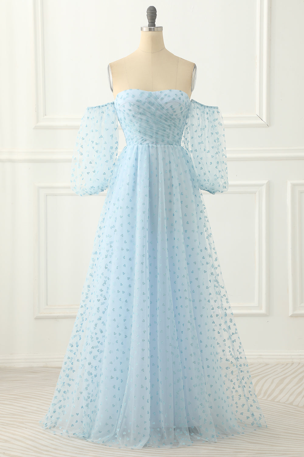 Luolandi Sky Blue Tulle Off The Shoulder Long Prom Dress Floor Length With Sleeves
