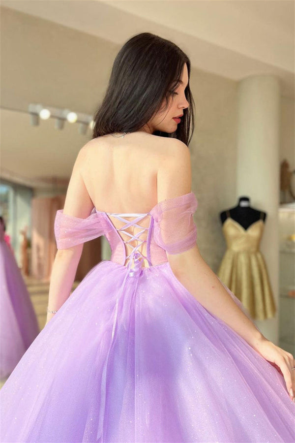 Luolandi Lilac Off-the-Shoulder Lace-Up Tulle Long Prom Dress Beautiful Elegant