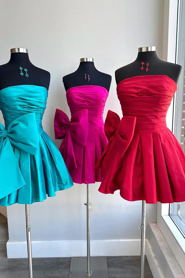 Luolandi Sweetheart A-Line Strapless Pleated Party Dress with Bow Homecoming Dress Short Graduation Dress
