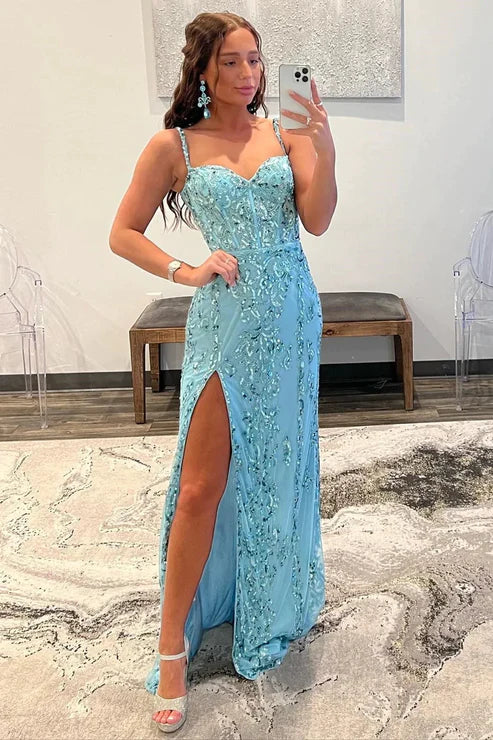 Luolandi Aqua Blue Applique Queen Anne Long Formal Dress with Slit Sparkly Evening Dress