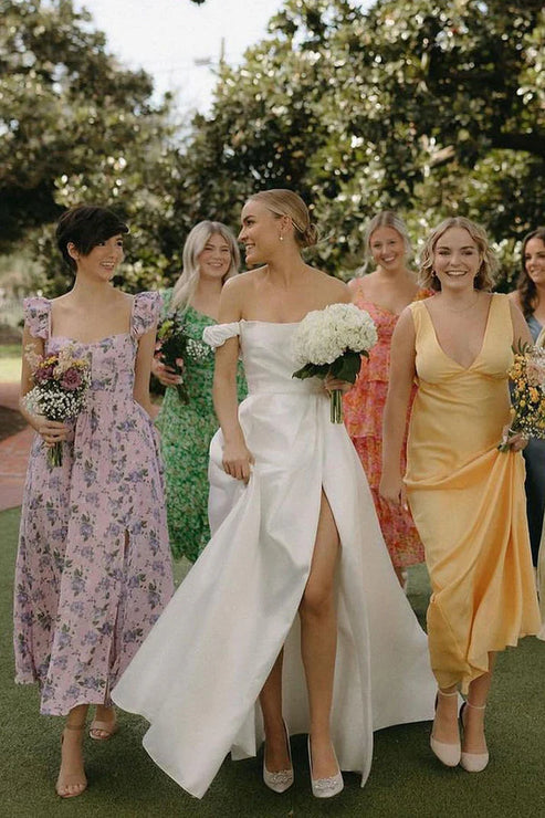 Luolandi A-Line Satin Off the Shoulder Wedding Dresses with Slit Sexy