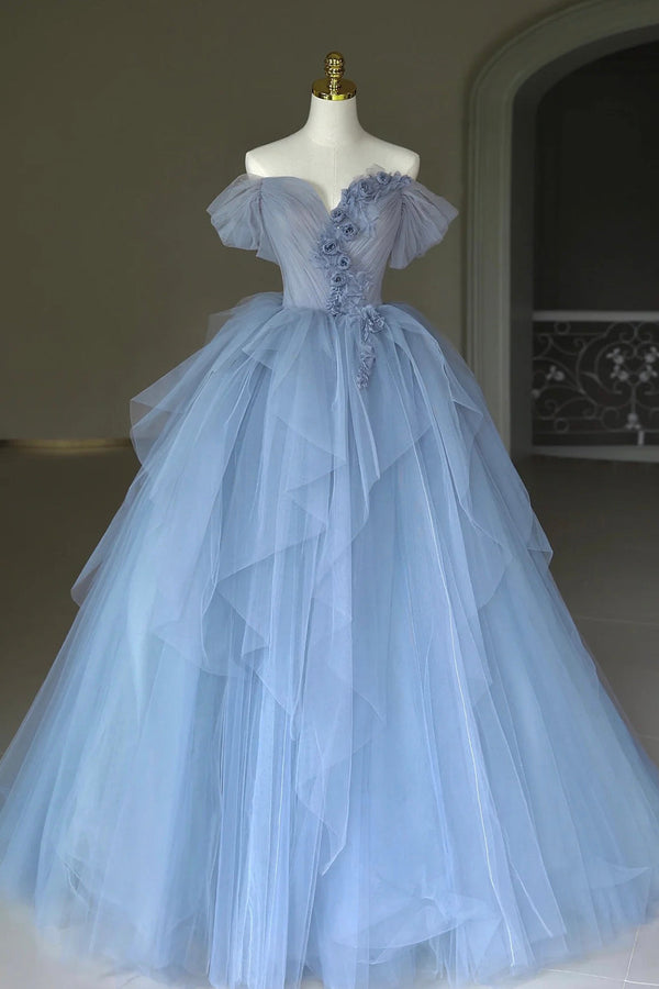 Luolandi Blue Tulle Floor Length Prom Dress Off the Shoulder Evening Dress with 3D Flowers Elegant