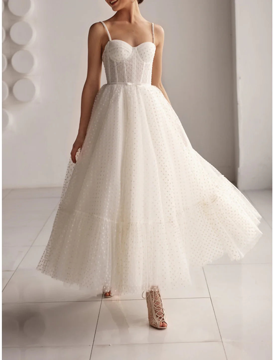 Luolandi Reception Little Dresses Wedding Dresses A-Line Sweetheart Camisole Spaghetti Strap Ankle Length Tulle Bridal Gowns