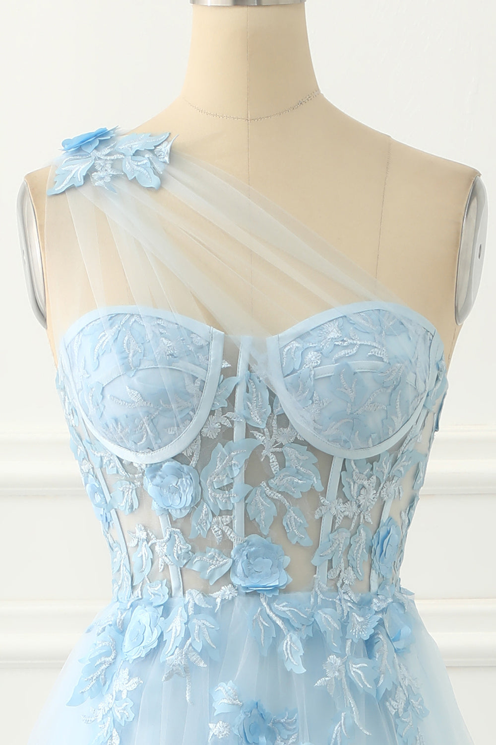 Luolandi Sky Blue Tulle A-Line One Shoulder Prom Dress With Appliques Floor Length Beautiful