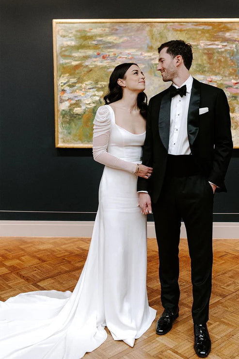 Luolandi Mermaid Square Neck Long Sleeves Satin Wedding Dresses Open Back Sexy