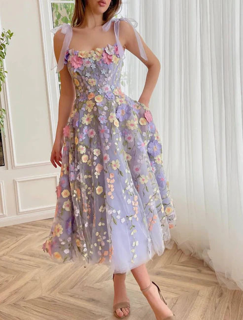 Luolandi A-Line Prom Dresses Wedding Guest Summer Tea Length Sleeveless Scoop Neck Bridesmaid Dress Tulle Party Dress Homecoming Dress with Flowers
