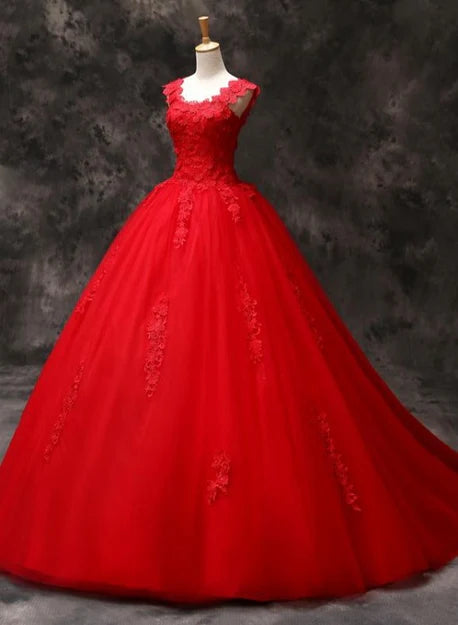 Luolandi Gorgeous Red Tulle Ball Gown Long Formal Dress with Lace Flowers Sweet 16 Dress Prom Dress