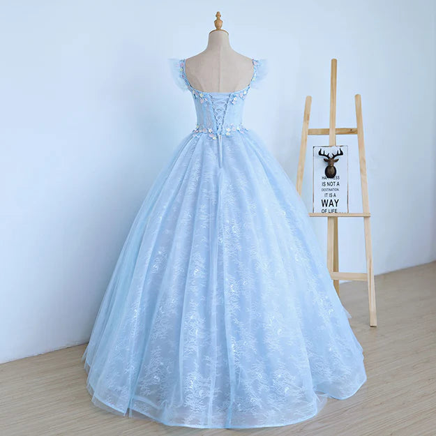 Luolandi Lovely Light Blue Lace Cap Sleeve Sweet 16 Prom Dress Evening Dress Ball Gown Beautiful