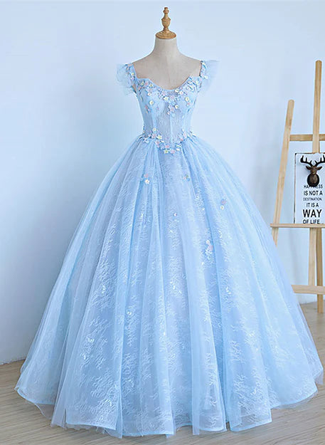 Luolandi Lovely Light Blue Lace Cap Sleeve Sweet 16 Prom Dress Evening Dress Ball Gown Beautiful