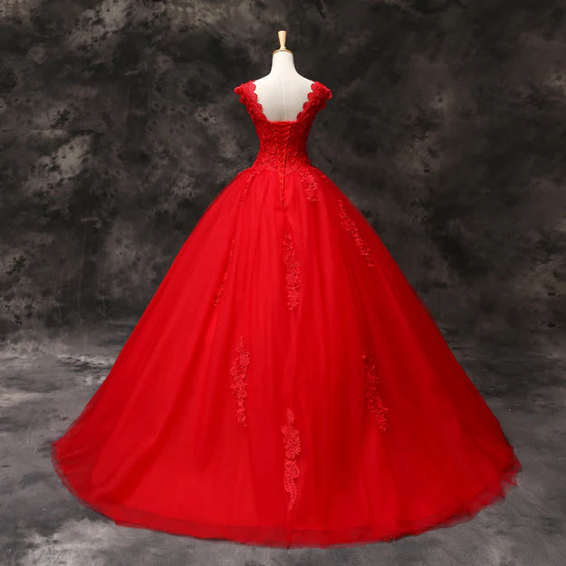 Luolandi Gorgeous Red Tulle Ball Gown Long Formal Dress with Lace Flowers Sweet 16 Dress Prom Dress
