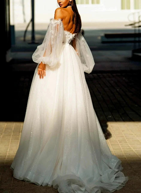 Luolandi Off-The-Shoulder Long Sleeves Tulle Sweep Train Wedding Dress With Sequins Flower(S) And Slit