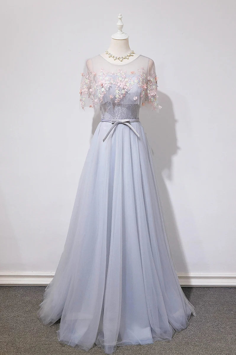 Luolandi Gray tulle lace long prom dress evening dress A Line Formal Dress With Flowers And Bow(s)