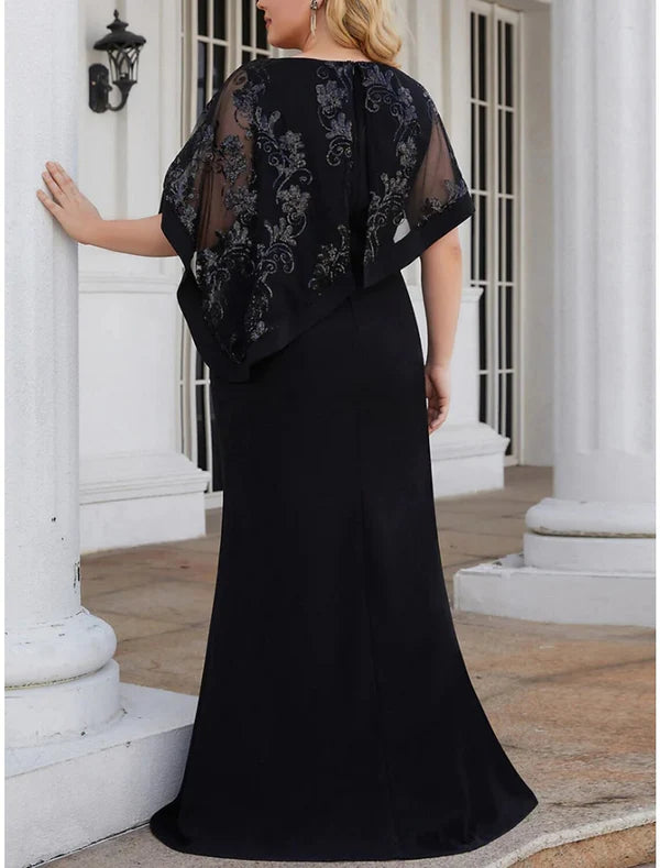 Luolandi A-Line Plus Size Curve Mother of the Bride Dress Wedding Guest Elegant High Split Jewel Neck Floor Length Chiffon Half Sleeve with Lace Split Front
