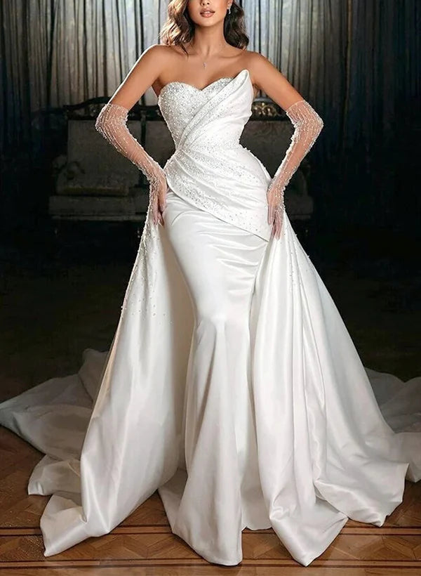 Luolandi Luxury Satin/Sequined Wedding Dresses With Detachable Trumpet/Mermaid Sweetheart Silhouette Off Shoulder No With Gloves