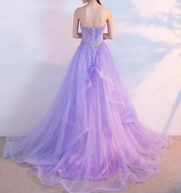 Luolandi Light Purple Layers Tulle Lace Applique Long Formal Dress Purple Evening Dress Prom Dress Off Shoulder