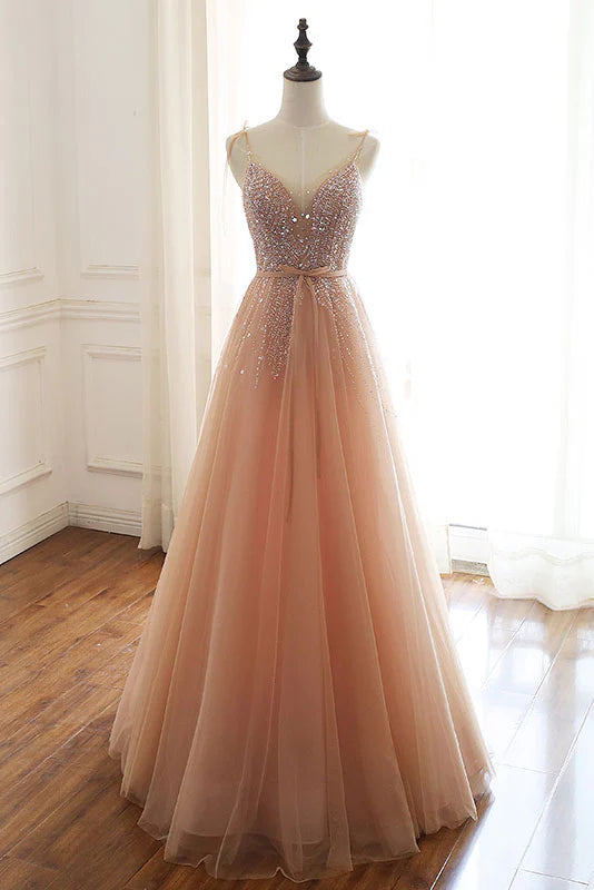 Luolandi Charming Tulle Beads Long Prom Dress Evening Dress Formal Dress December Wedding Guest Dress