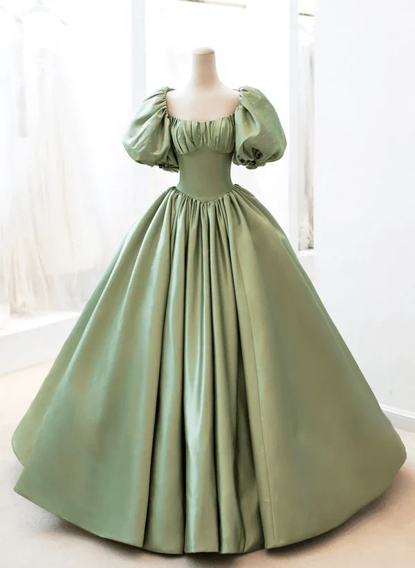 Luolandi A-Line Princess Green Satin Puffy Sleeves Long Formal Dress Satin Prom Dress Party Dress Evening Dress
