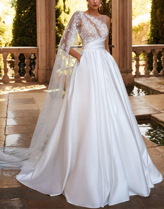 Luolandi A-Line Sweep Train Satin Wedding Dresses With Appliques Lace Elegant Floor Length