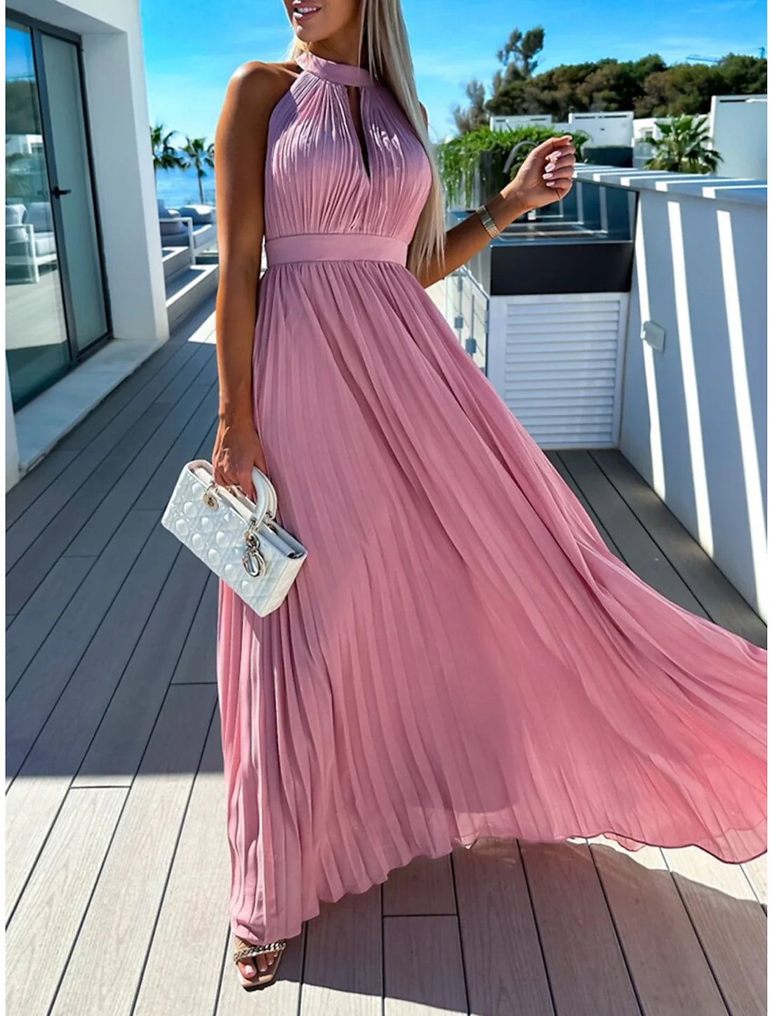 Luolandi Women's Long Dress Maxi Dress Party Dress Casual Dress Summer Dress Pure Color Streetwear Casual Outdoor Holiday Going out Ruched Pleated Sleeveless Halter Neck Dress Slim Pink Blue