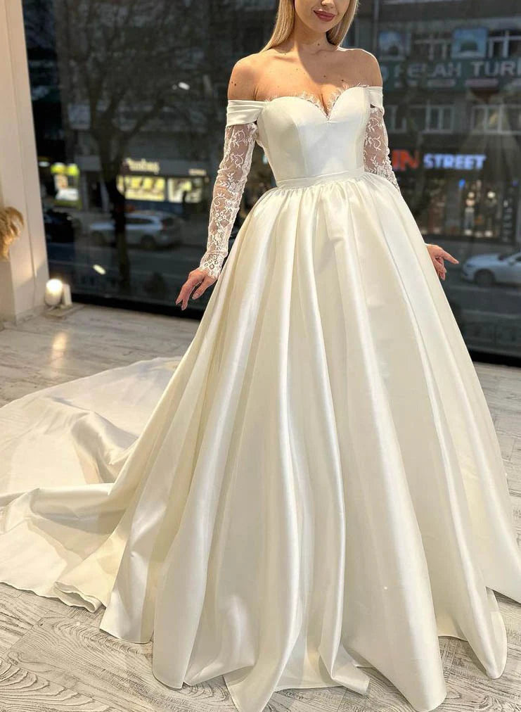 Luolandi Off-The-Shoulder Ball-Gown Satin Wedding Dresses With Long Sleeves Floor Length