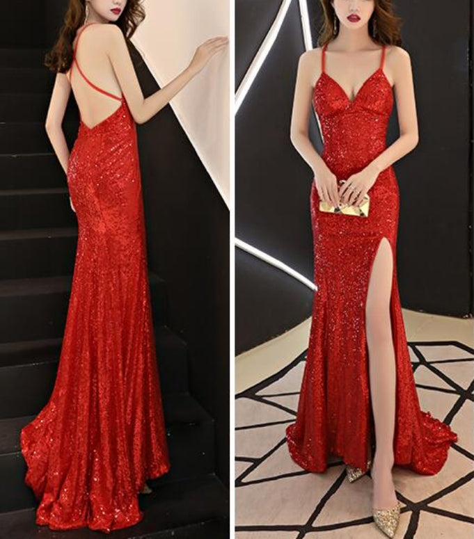 Luolandi Sexy Sequins Long Slit Cross Back Junior Prom Dress A-line Party Dress Formal Dress Sparkly Evening Dress