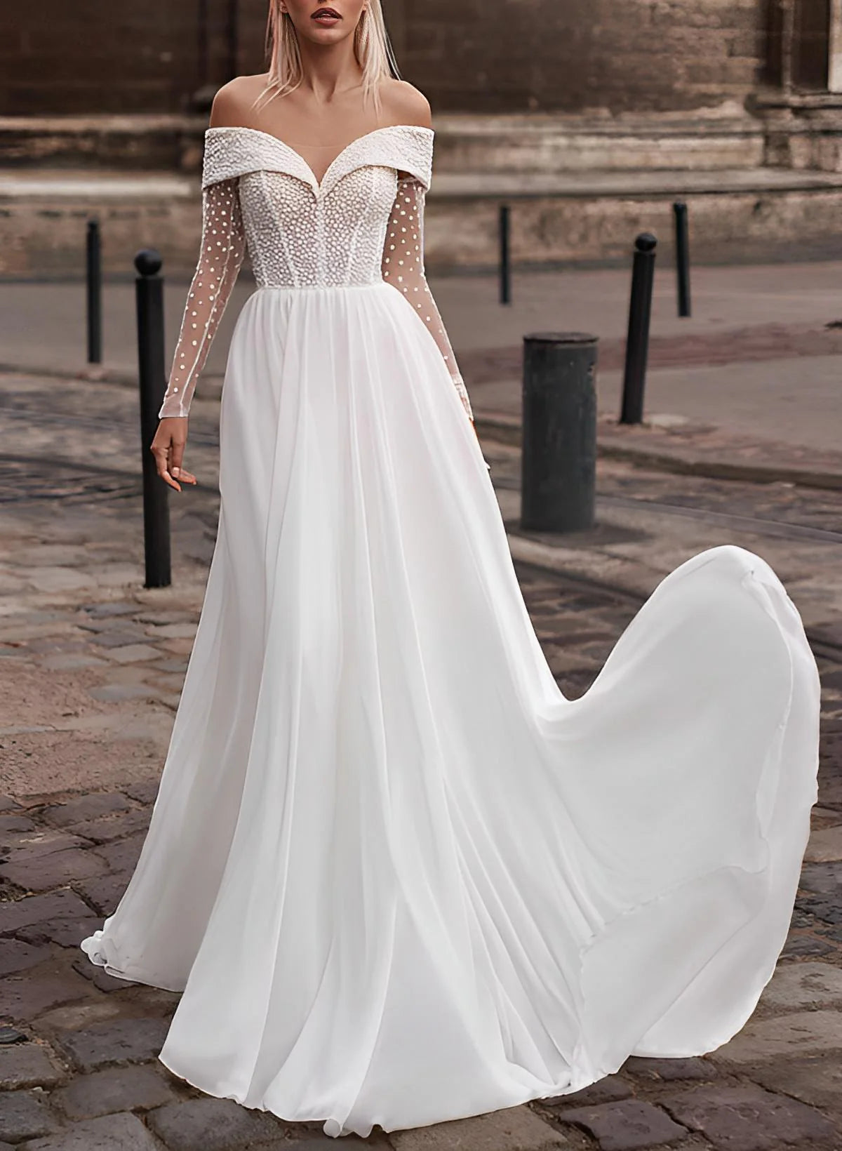 Luolandi Off-The-Shoulder Long Sleeves A-Line Lace/Tulle Wedding Dress Floor Length Elegant